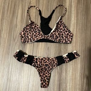 Acacia Swimwear Leopard with black mesh top and bottom set GUC size XS